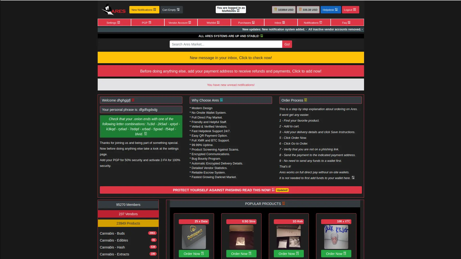 Ares marketplace product listings